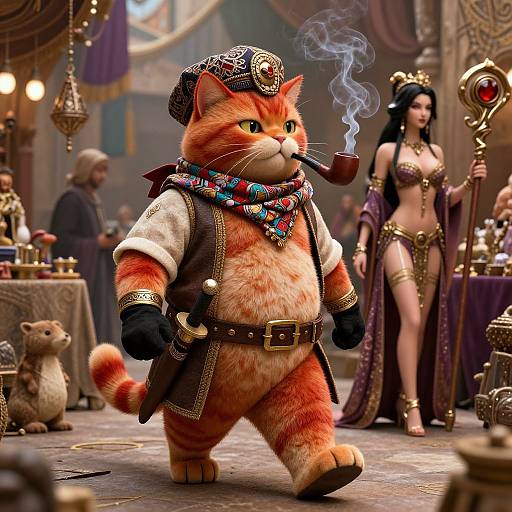 CGI image: Furry orange cat in pirate attire with smoking pipe, colorful scarf, and hat, strutting through a medieval market with a dark
