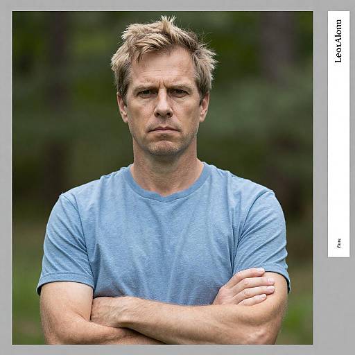 Serious Middle-Aged Man in Blue T-Shirt