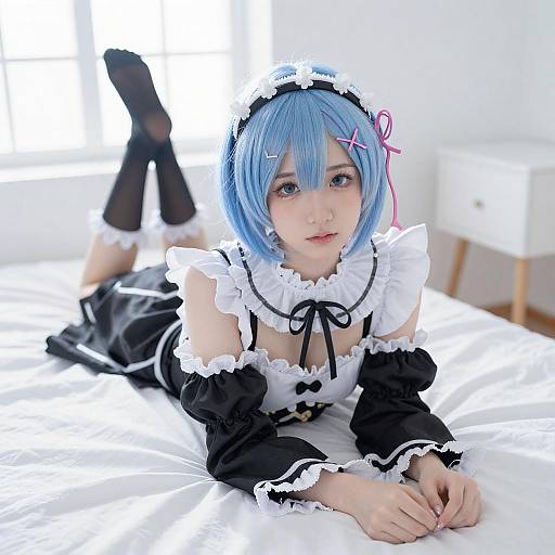 Blue-Haired Anime Maid on Bed