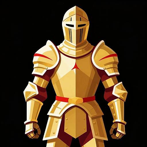 Digital illustration of a golden armored knight with a blank visor, red accents, and black background. Geometric, angular style.