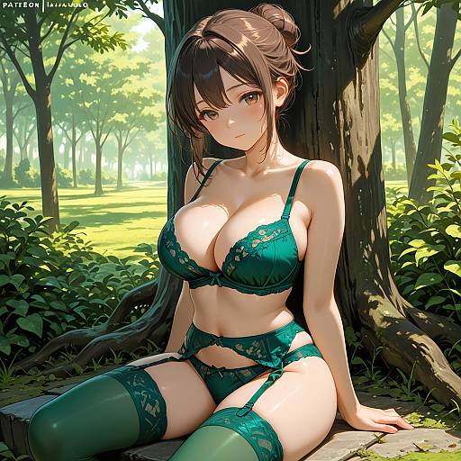 Anime Style Woman in Green Lingerie Outdoors