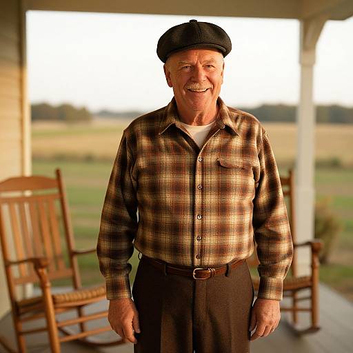 Photograph of smiling elderly man with gray mustache, black cap, brown plaid shirt, and dark pants, standing on porch with wooden chairs.