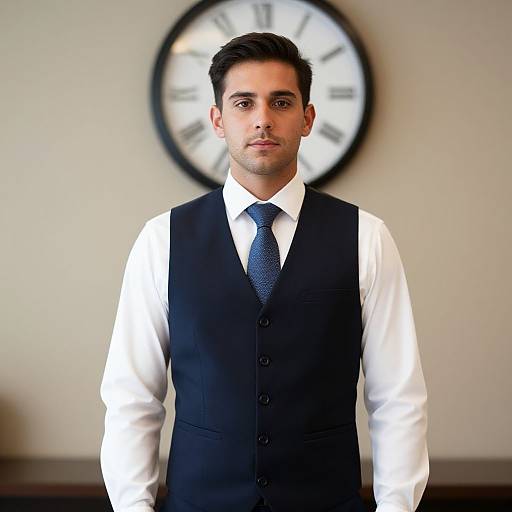 Photograph of a handsome, dark-haired man in a white shirt and black vest, wearing a blue tie, standing in front of a clock on a