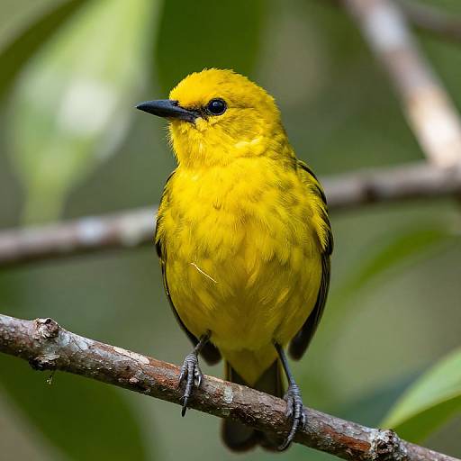 Photograph of a bright yellow, small bird with black wings and beak perched on a branch, set against a blurred green background.