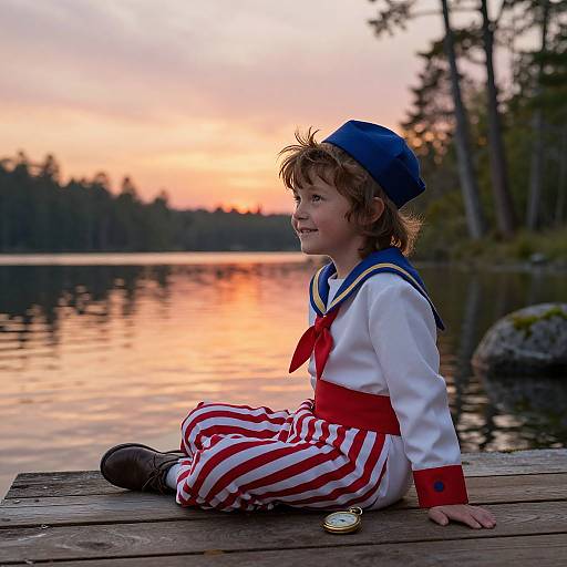 Photograph of a young boy in a sailor costume with blue hat, red and white striped pants, sitting on a wooden dock at sunset, looking at