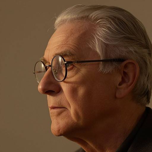 Photographic portrait of an elderly man with gray hair, round glasses, and wrinkled skin, viewed in profile against a brown background.