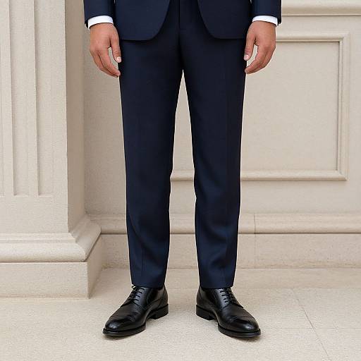 Photograph of a man in a dark blue suit, white shirt, and black dress shoes, standing in front of a white, ornate architectural background