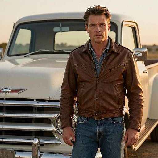 Photograph of a rugged, middle-aged man with tousled brown hair, wearing a brown leather jacket and blue jeans, standing in front of a white