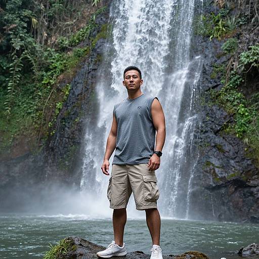 Photograph of a muscular Asian man with short black hair, wearing a gray sleeveless shirt, beige cargo shorts, and white sneakers, standing on rocks