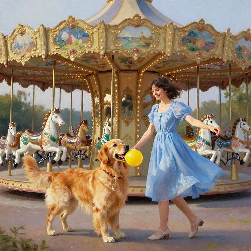 Photograph of a smiling woman in a blue dress and white shoes, holding a yellow ball, walking a golden retriever by a colorful, ornate