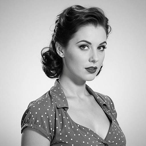 Black-and-white photograph of a 1950s-style woman with dark, wavy hair, wearing a polka dot blouse, looking confidently at the