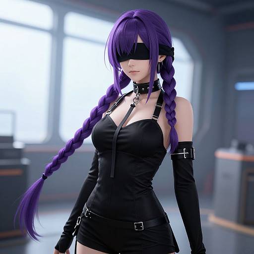 Digital artwork of a blindfolded anime woman with long purple braids, black leather outfit, choker, and gloves, standing in a bright industrial
