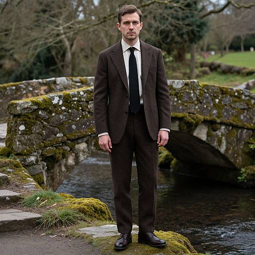 Photograph of a serious, white male in a black suit and tie standing on moss-covered bridge, with a stone archway and forest background.