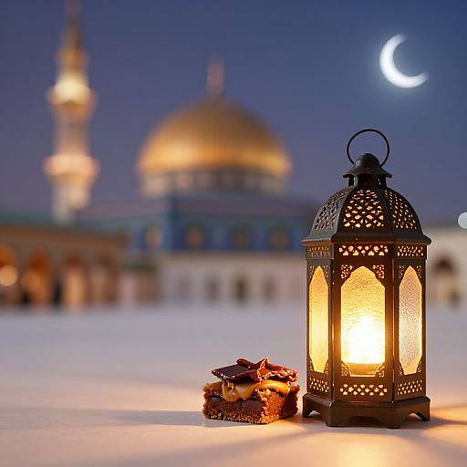Photograph of a glowing black lantern beside dates, set against a twilight sky with a crescent moon and blurred mosque.