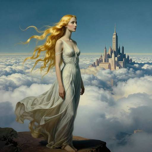Digital artwork of a blonde woman with flowing hair in a white dress, standing on a cliff, overlooking a cloudy sky with a towering cityscape in the