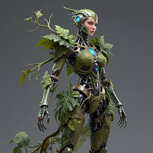 CGI image of a futuristic female robot with metallic armor, green leafy accents, glowing blue eyes, and vines, set against a gray background.