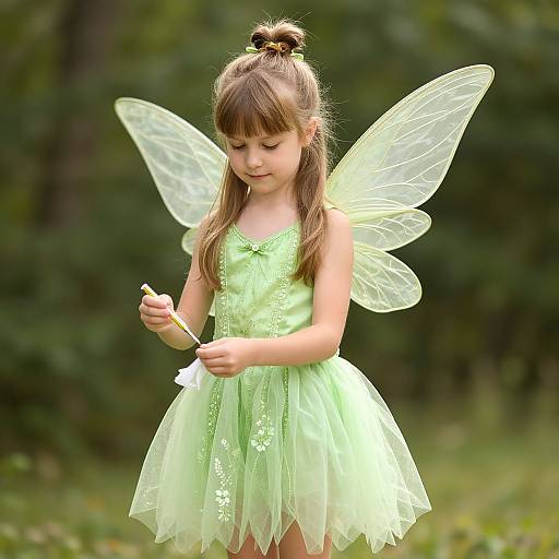 Photograph of a young girl with light brown hair in a bun, wearing a green fairy dress and translucent wings, holding a white flower in a blurred