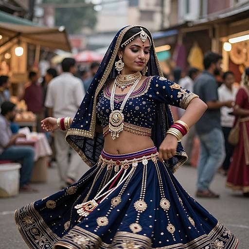 Photograph of a South Asian woman in a vibrant, gold-embellished blue traditional outfit, dancing on a bustling street market.