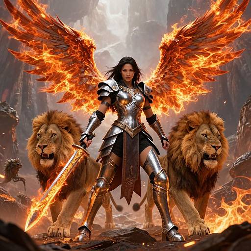 Digital fantasy artwork of a fierce warrior woman with flaming orange wings, wearing silver armor, standing between two roaring lions, holding a glowing sword. Fiery