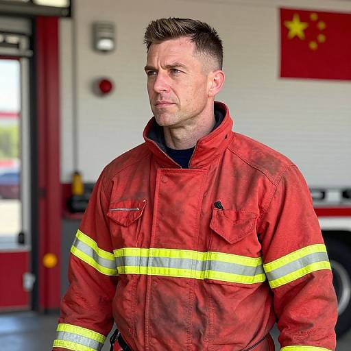 Photograph of a serious-looking, short-haired white male firefighter in a red, yellow-striped jacket standing in a fire station with a Chinese flag. Background