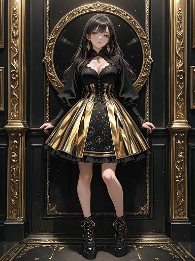 Trendy Woman in Burgundy Bodice and Metallic Skirt