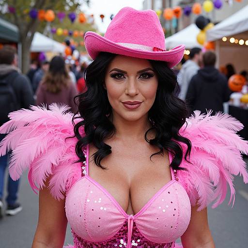 Photograph of a curvy woman with large breasts, wearing a pink sequined bra, feathered pink shoulders, and a pink hat, smiling in