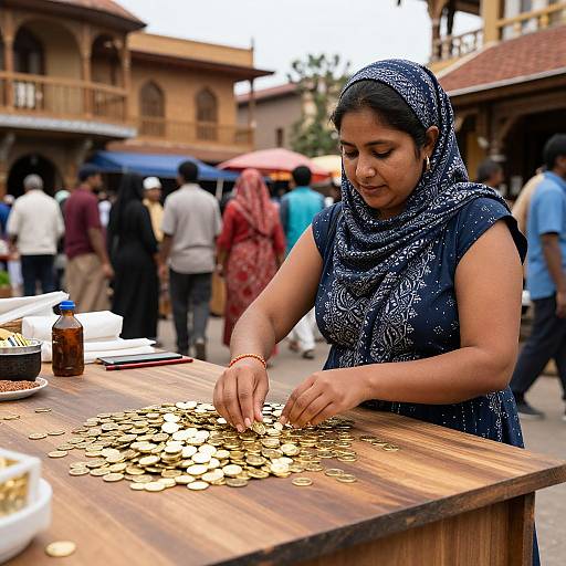 Photograph of a South Asian woman in a blue patterned headscarf and sleeveless top, sorting golden coins on a wooden table in a bustling