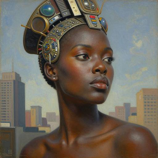 Digital painting of a dark-skinned African woman with intricate, futuristic headpiece, gazing thoughtfully at cityscape background of tall buildings.
