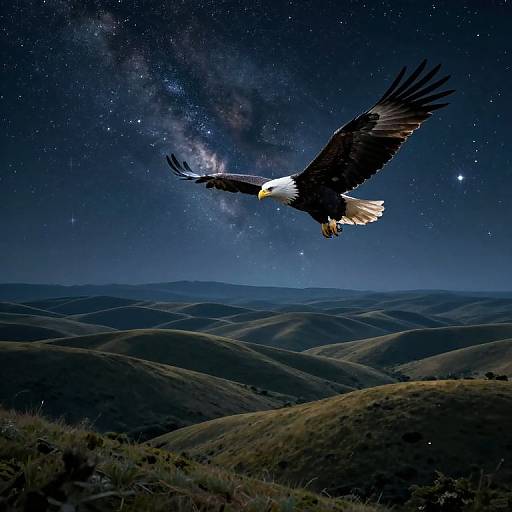 A majestic bald eagle soars under a starry night sky, with the Milky Way visible, over rolling hills. Photograph.