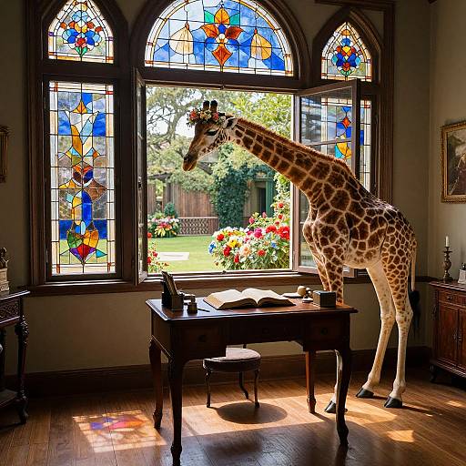 Photograph of a giraffe standing in a sunlit, Victorian-style room with colorful stained glass windows, wooden furniture, and a garden view outside.