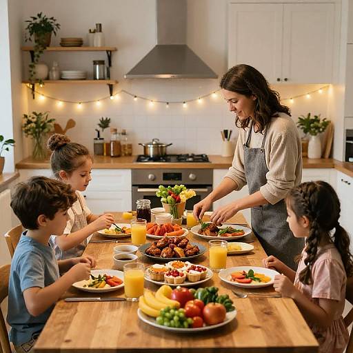 Photograph of a mother with brown hair in a gray apron serving dinner to three children at a wooden kitchen island, surrounded by string lights, fruit