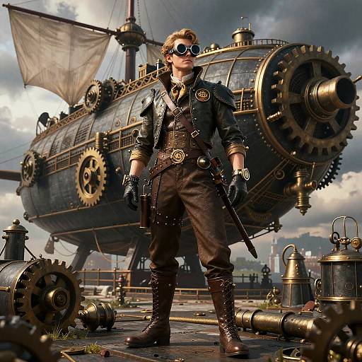 Steampunk-style male adventurer in leather jacket, goggles, and brown pants stands confidently in front of a massive, gear-filled airship.