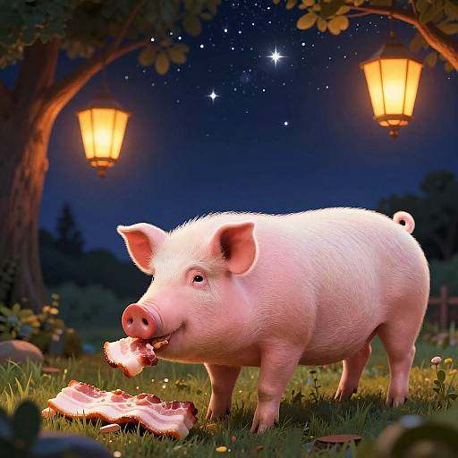 Photorealistic CGI of a pink pig with a juicy bone in its mouth, standing on grass under a starry night sky with two glowing lanterns