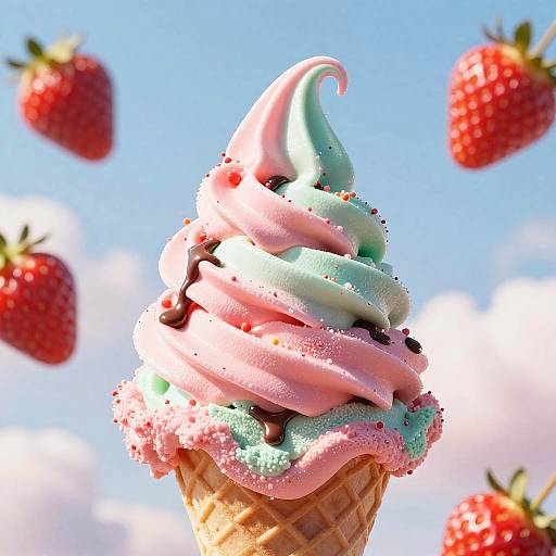 Surreal Strawberry Mint Ice Cream Cone