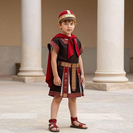Photograph of a young boy in a Roman-style costume with a red cape, black tunic, gold trim, red sandals, and red hat,