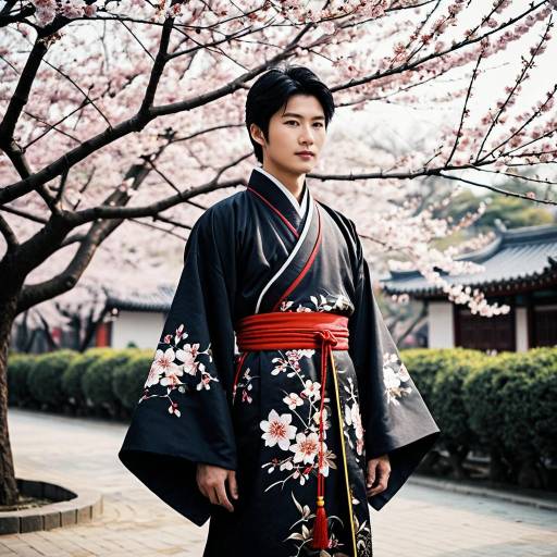 Man in Traditional Chinese Costume Under Cherry Blossoms