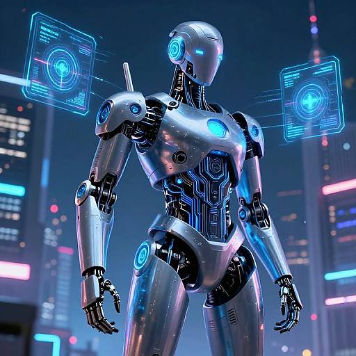 CGI image of a futuristic, silver humanoid robot with glowing blue circuits, standing in a neon-lit cityscape, holographic blue interfaces floating above