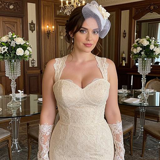 Photograph of a fair-skinned, brunette bride in a lace, strapless white wedding dress, white gloves, and netted headpiece, standing