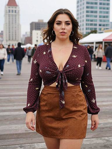 Photograph of a curvy, brown-haired woman with fair skin, wearing a deep V-neck, polka-dotted blouse and brown suede mini skirt