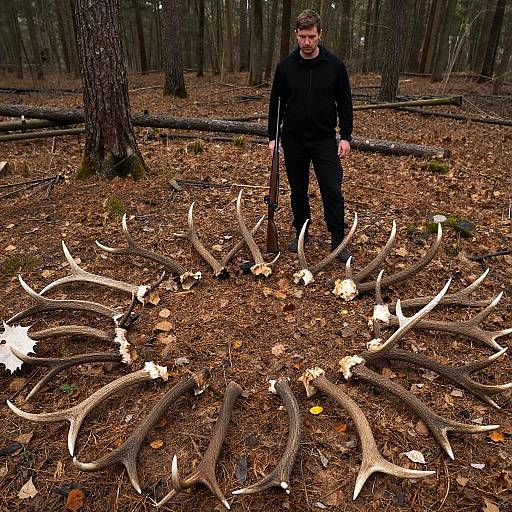 Mysterious Figure in Forest of Antlers
