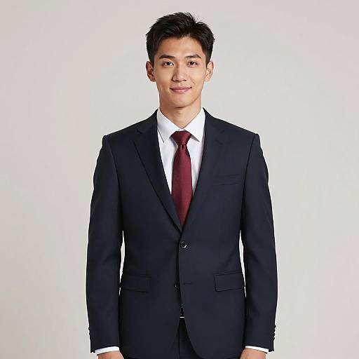 Young Man in Navy Suit and Maroon Tie