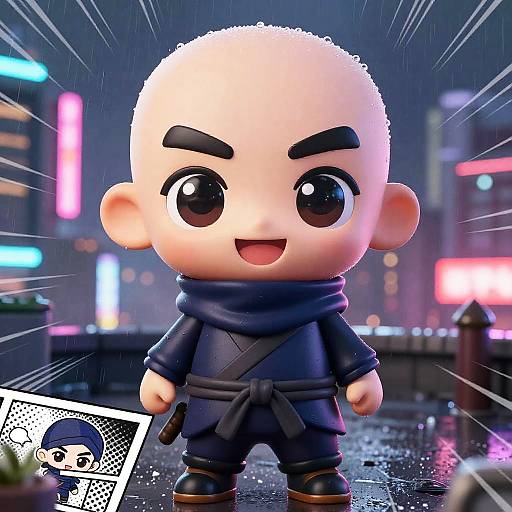Cheerful Chibi Ninja in Neon Rain