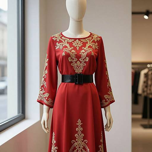 Photograph of a white mannequin wearing a red dress with gold floral embroidery, black belt, standing in a brightly lit store.