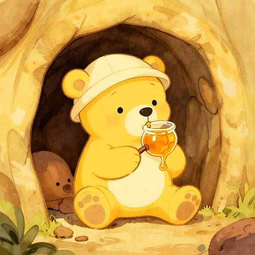 Digital illustration of a cute, yellow teddy bear in a white hat, sipping honey from a glass, sitting in a cozy, brown cave entrance