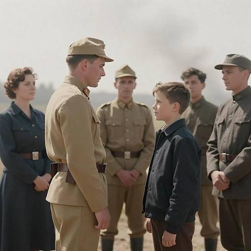 Early 20th-Century Soldier Facing Boy