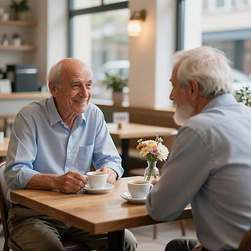 Two elderly men enjoying coffee in a café