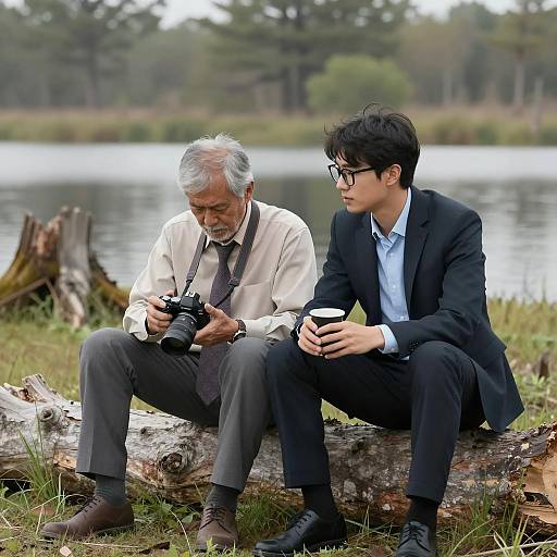 Two men sitting by marshy lake