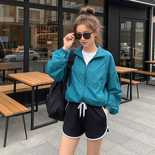 Photograph of a young woman with dark hair in a bun, wearing black sunglasses, teal jacket, black shorts with white trim, and a black bag