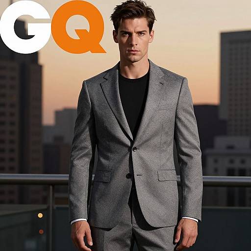 Photograph of a handsome, serious-looking man in a gray suit, black shirt, standing on a rooftop at sunset with city skyline. 