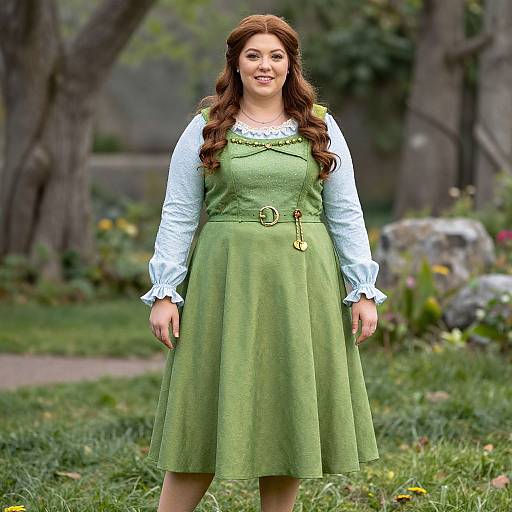 Photograph of a smiling woman with long brown hair, wearing a green dress over a white blouse, standing in a grassy, tree-filled garden.